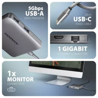AXAGON HMC-5HL USB 5Gbps vozlišče, 2x USB-A, HDMI 4k/60Hz, RJ-45 GLAN, PD 100W, kabel USB-C 20cm