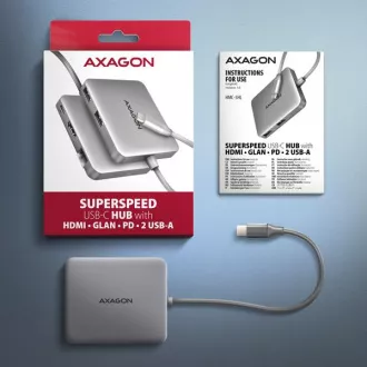 AXAGON HMC-5HL USB 5Gbps vozlišče, 2x USB-A, HDMI 4k/60Hz, RJ-45 GLAN, PD 100W, kabel USB-C 20cm