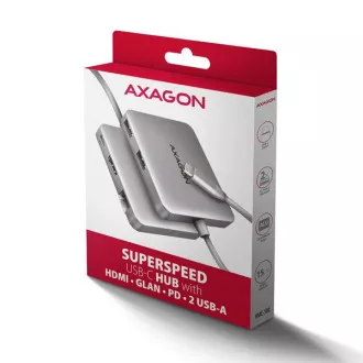 AXAGON HMC-5HL USB 5Gbps vozlišče, 2x USB-A, HDMI 4k/60Hz, RJ-45 GLAN, PD 100W, kabel USB-C 20cm