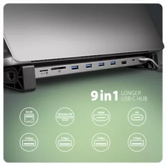 AXAGON HMC-10HLS, vozlišče USB 5Gb/s, 4x USB-A, HDMI 4k/60Hz, RJ-45 GLAN, SD/mSD, PD 100W, kabel USB-C 25cm