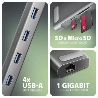 AXAGON HMC-10HLS, vozlišče USB 5Gb/s, 4x USB-A, HDMI 4k/60Hz, RJ-45 GLAN, SD/mSD, PD 100W, kabel USB-C 25cm