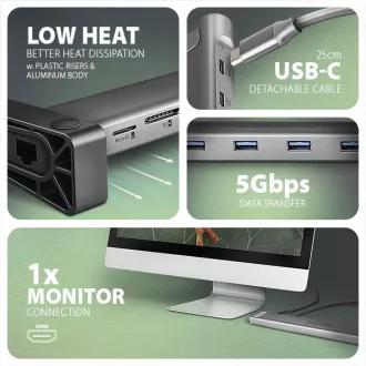 AXAGON HMC-10HLS, vozlišče USB 5Gb/s, 4x USB-A, HDMI 4k/60Hz, RJ-45 GLAN, SD/mSD, PD 100W, kabel USB-C 25cm