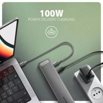 AXAGON HMC-10HLS, vozlišče USB 5Gb/s, 4x USB-A, HDMI 4k/60Hz, RJ-45 GLAN, SD/mSD, PD 100W, kabel USB-C 25cm