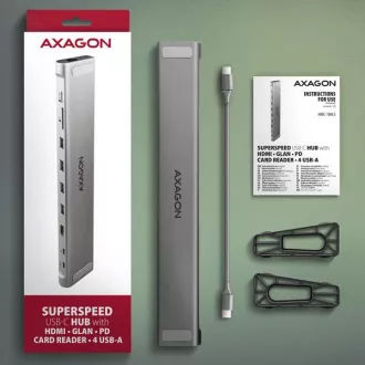 AXAGON HMC-10HLS, vozlišče USB 5Gb/s, 4x USB-A, HDMI 4k/60Hz, RJ-45 GLAN, SD/mSD, PD 100W, kabel USB-C 25cm