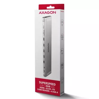 AXAGON HMC-10HLS, vozlišče USB 5Gb/s, 4x USB-A, HDMI 4k/60Hz, RJ-45 GLAN, SD/mSD, PD 100W, kabel USB-C 25cm