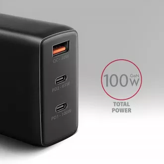 AXAGON ACU-DPQ100, omrežni polnilnik GaN, 100 W, 3x vhod (USB-A   dvojni USB-C), PD3.0/PPS/QC4 /Apple, črn
