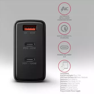 AXAGON ACU-DPQ100, omrežni polnilnik GaN, 100 W, 3x vhod (USB-A   dvojni USB-C), PD3.0/PPS/QC4 /Apple, črn