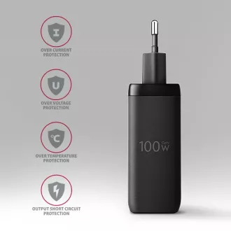 AXAGON ACU-DPQ100, omrežni polnilnik GaN, 100 W, 3x vhod (USB-A   dvojni USB-C), PD3.0/PPS/QC4 /Apple, črn