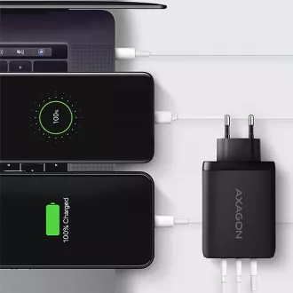 AXAGON ACU-DPQ100, omrežni polnilnik GaN, 100 W, 3x vhod (USB-A   dvojni USB-C), PD3.0/PPS/QC4 /Apple, črn