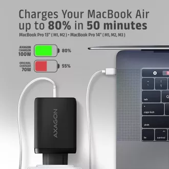AXAGON ACU-DPQ100, omrežni polnilnik GaN, 100 W, 3x vhod (USB-A   dvojni USB-C), PD3.0/PPS/QC4 /Apple, črn