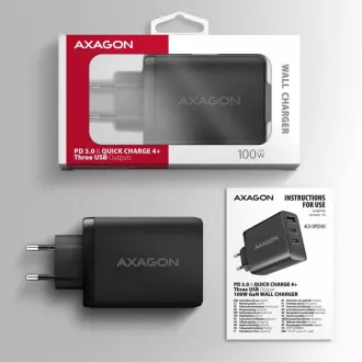 AXAGON ACU-DPQ100, omrežni polnilnik GaN, 100 W, 3x vhod (USB-A   dvojni USB-C), PD3.0/PPS/QC4 /Apple, črn