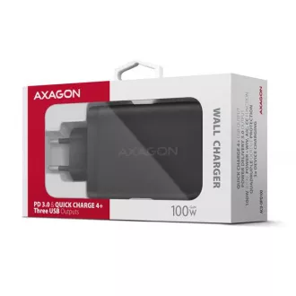 AXAGON ACU-DPQ100, omrežni polnilnik GaN, 100 W, 3x vhod (USB-A   dvojni USB-C), PD3.0/PPS/QC4 /Apple, črn