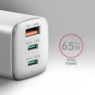 AXAGON ACU-DPQ65W, omrežni polnilnik GaN 65 W, 3 vhodi (USB-A   dvojni USB-C), PD3.0/QC4 /PPS/Apple, bel