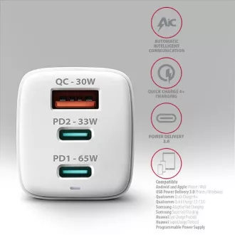 AXAGON ACU-DPQ65W, omrežni polnilnik GaN 65 W, 3 vhodi (USB-A   dvojni USB-C), PD3.0/QC4 /PPS/Apple, bel