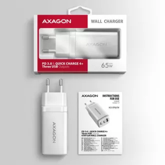 AXAGON ACU-DPQ65W, omrežni polnilnik GaN 65 W, 3 vhodi (USB-A   dvojni USB-C), PD3.0/QC4 /PPS/Apple, bel