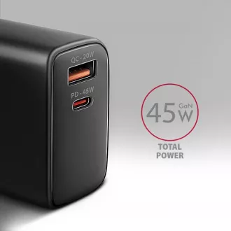 AXAGON ACU-PQ45 GaN omrežni polnilec 45 W, 2x vrata (USB-A   USB-C), PD3.0/PPS/QC4 /SFC 2.0/AFC/Apple