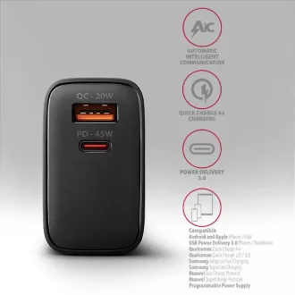 AXAGON ACU-PQ45 GaN omrežni polnilec 45 W, 2x vrata (USB-A   USB-C), PD3.0/PPS/QC4 /SFC 2.0/AFC/Apple