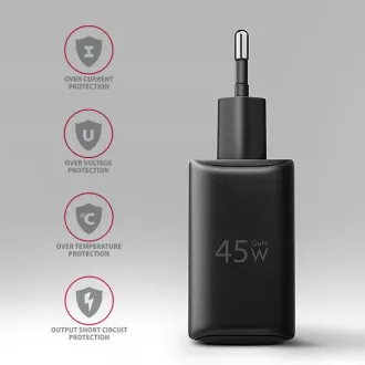 AXAGON ACU-PQ45 GaN omrežni polnilec 45 W, 2x vrata (USB-A   USB-C), PD3.0/PPS/QC4 /SFC 2.0/AFC/Apple