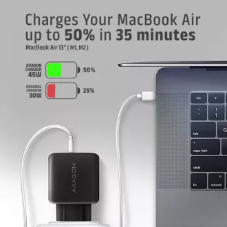 AXAGON ACU-PQ45 GaN omrežni polnilec 45 W, 2x vrata (USB-A   USB-C), PD3.0/PPS/QC4 /SFC 2.0/AFC/Apple