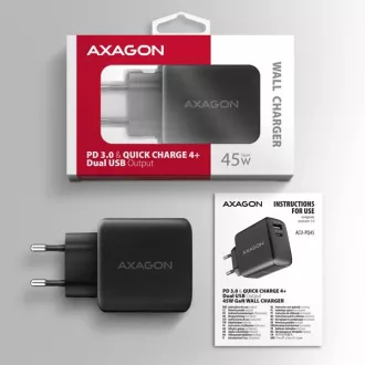 AXAGON ACU-PQ45 GaN omrežni polnilec 45 W, 2x vrata (USB-A   USB-C), PD3.0/PPS/QC4 /SFC 2.0/AFC/Apple