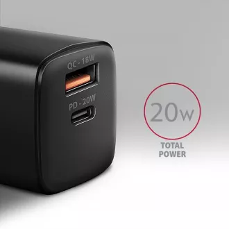 AXAGON ACU-PQ20, 20W omrežni polnilnik, 2x vhod (USB-A   USB-C), PD3.0/PPS/QC4 /AFC/Apple, črn