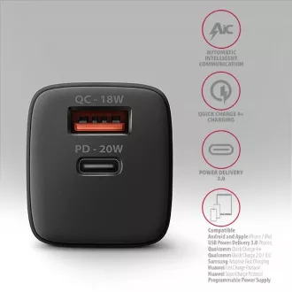 AXAGON ACU-PQ20, 20W omrežni polnilnik, 2x vhod (USB-A   USB-C), PD3.0/PPS/QC4 /AFC/Apple, črn