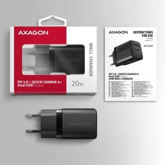 AXAGON ACU-PQ20, 20W omrežni polnilnik, 2x vhod (USB-A   USB-C), PD3.0/PPS/QC4 /AFC/Apple, črn