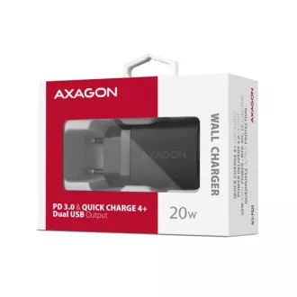 AXAGON ACU-PQ20, 20W omrežni polnilnik, 2x vhod (USB-A   USB-C), PD3.0/PPS/QC4 /AFC/Apple, črn