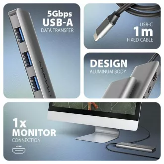 AXAGON HMC-5H, vozlišče USB 5Gb/s, 3x USB-A, HDMI 4k/30Hz, PD 100W, kabel USB-C 100cm