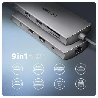 AXAGON HMC-8HLSA, vozlišče USB 5Gb/s, 3x USB-A, HDMI 4k/60Hz, RJ-45 GLAN, SD/microSD, zvok, PD 100W, kabel USB-C 20cm AXAGON HMC-8HLSA, vozlišče USB 5Gb/s, 3x USB-A, HDMI 4k/60Hz, RJ-45 GLAN, SD/microSD, zvok, PD 100W, kabel USB-C 20cm