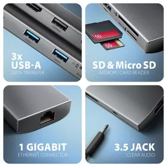 AXAGON HMC-8HLSA, vozlišče USB 5Gb/s, 3x USB-A, HDMI 4k/60Hz, RJ-45 GLAN, SD/microSD, zvok, PD 100W, kabel USB-C 20cm AXAGON HMC-8HLSA, vozlišče USB 5Gb/s, 3x USB-A, HDMI 4k/60Hz, RJ-45 GLAN, SD/microSD, zvok, PD 100W, kabel USB-C 20cm