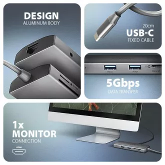 AXAGON HMC-8HLSA, vozlišče USB 5Gb/s, 3x USB-A, HDMI 4k/60Hz, RJ-45 GLAN, SD/microSD, zvok, PD 100W, kabel USB-C 20cm AXAGON HMC-8HLSA, vozlišče USB 5Gb/s, 3x USB-A, HDMI 4k/60Hz, RJ-45 GLAN, SD/microSD, zvok, PD 100W, kabel USB-C 20cm