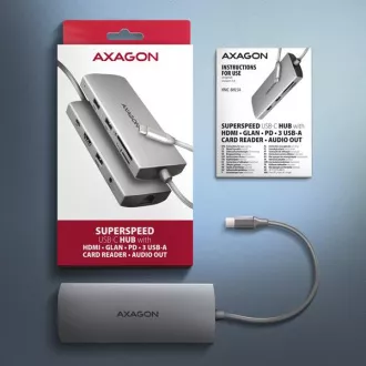 AXAGON HMC-8HLSA, vozlišče USB 5Gb/s, 3x USB-A, HDMI 4k/60Hz, RJ-45 GLAN, SD/microSD, zvok, PD 100W, kabel USB-C 20cm AXAGON HMC-8HLSA, vozlišče USB 5Gb/s, 3x USB-A, HDMI 4k/60Hz, RJ-45 GLAN, SD/microSD, zvok, PD 100W, kabel USB-C 20cm