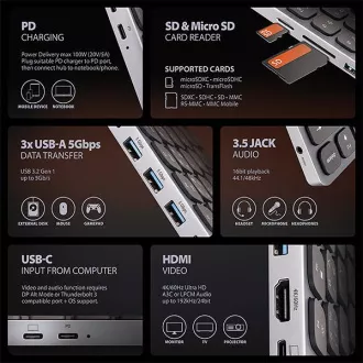 AXAGON HMC-KB-CS, vozlišče USB 5 Gb/s s tipkovnico CZ/SK, HDMI 4K/60Hz, 3x USB-A, SD/mSD, avdio, PD 100W, kabel USB-C 60cm AXAGON HMC-KB-CS, vozlišče USB 5 Gb/s s tipkovnico CZ/SK, HDMI 4K/60Hz, 3x USB-A, SD/mSD, avdio, PD 100W, kabel USB-C 60cm