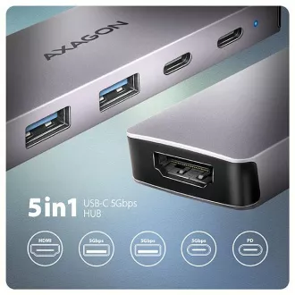 AXAGON HMC-5H60, vozlišče USB 5Gb/s, priključki 2x USB-A, 1x USB-C, HDMI 4k/60, PD 100W, kabel USB-C 15cm