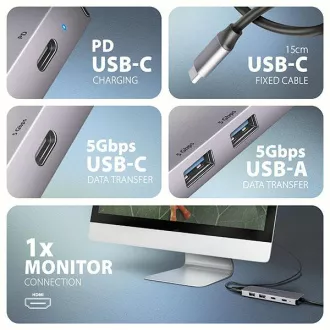 AXAGON HMC-5H60, vozlišče USB 5Gb/s, priključki 2x USB-A, 1x USB-C, HDMI 4k/60, PD 100W, kabel USB-C 15cm
