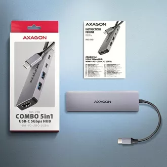 AXAGON HMC-5H60, vozlišče USB 5Gb/s, priključki 2x USB-A, 1x USB-C, HDMI 4k/60, PD 100W, kabel USB-C 15cm