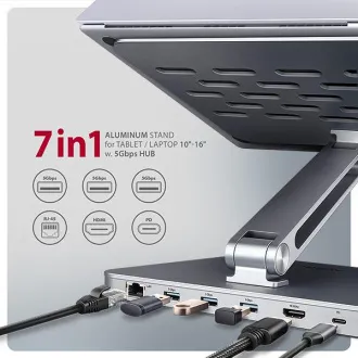 AXAGON HMC-STND, stojalo za 10"-17" prenosnike, vozlišče USB 5Gb/s, 3x USB-A, HDMI 4k/60Hz, RJ-45, PD 100W, kabel USB-C 60cm - Rabljeno