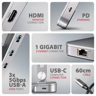 AXAGON HMC-STND, stojalo za 10"-17" prenosnike, vozlišče USB 5Gb/s, 3x USB-A, HDMI 4k/60Hz, RJ-45, PD 100W, kabel USB-C 60cm - Rabljeno