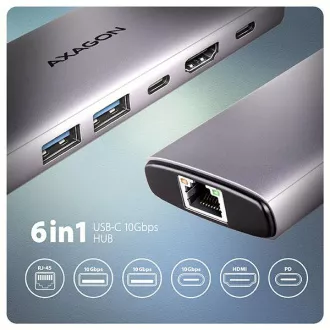AXAGON HMC-6G2L, vozlišče USB 10Gb/s, 2x USB-A, 1x USB-C, HDMI 4k/60, RJ-45, PD 100W, kabel USB-C 15cm