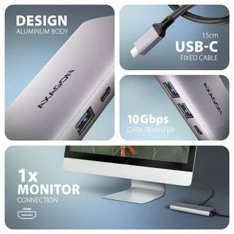 AXAGON HMC-6G2L, vozlišče USB 10Gb/s, 2x USB-A, 1x USB-C, HDMI 4k/60, RJ-45, PD 100W, kabel USB-C 15cm