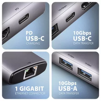 AXAGON HMC-6G2L, vozlišče USB 10Gb/s, 2x USB-A, 1x USB-C, HDMI 4k/60, RJ-45, PD 100W, kabel USB-C 15cm