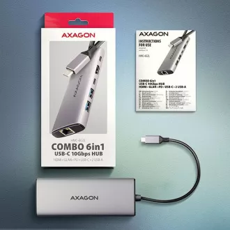 AXAGON HMC-6G2L, vozlišče USB 10Gb/s, 2x USB-A, 1x USB-C, HDMI 4k/60, RJ-45, PD 100W, kabel USB-C 15cm
