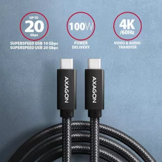 AXAGON BUCM32-CM15AB, SPEED  kabel USB-C <-> USB-C, 1,5 m, USB 20Gb/s, PD 100W 5A, 4K HD, ALU, oplet, črn