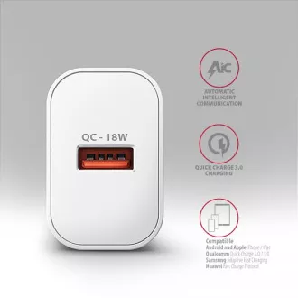 AXAGON ACU-QC18W, 18W omrežni polnilnik, 1x vrata USB-A, QC3.0/AFC/Apple, bel