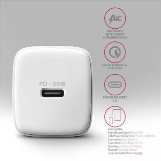AXAGON ACU-PD30W, polnilec 30 W, 1x vrata USB-C, PD3.0/PPS/QC4 /SFC/AFC/Apple, bel
