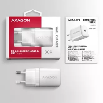 AXAGON ACU-PD30W, polnilec 30 W, 1x vrata USB-C, PD3.0/PPS/QC4 /SFC/AFC/Apple, bel