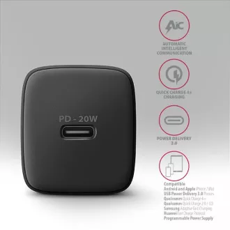 AXAGON ACU-PD20, 20W omrežni polnilnik, 1x vrata USB-C, PD3.0/PPS/QC4 /AFC/Apple, črna
