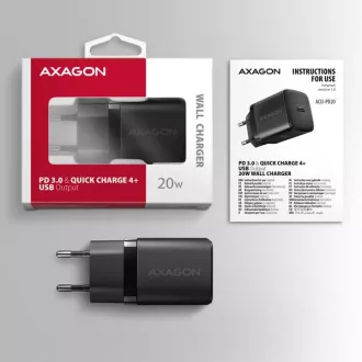 AXAGON ACU-PD20, 20W omrežni polnilnik, 1x vrata USB-C, PD3.0/PPS/QC4 /AFC/Apple, črna