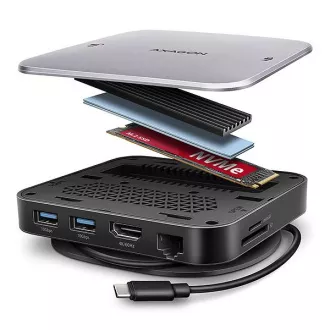 AXAGON HMC-UFO, vozlišče USB 10 Gb/s, 2x USB-A, USB-C, HDMI 4k/60, RJ-45, reža M.2, SD/mSD, zvok, PD 100 W, kabel USB-C 65 cm